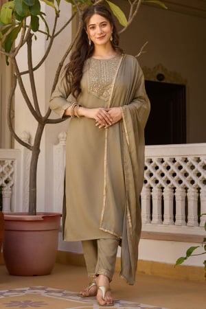 Khaki Embroidered Rayon Readymade Suit