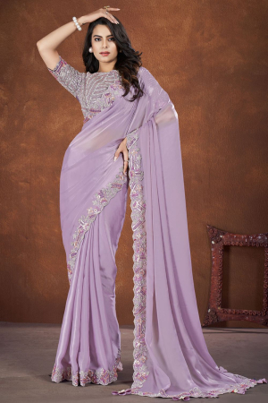 Lavender Crepe Satin Silk Saree with Readymade Blouse