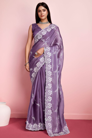 Lavender Embroidered Party Wear Saree