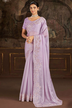 Lavender Embroidered Silk Designer Saree