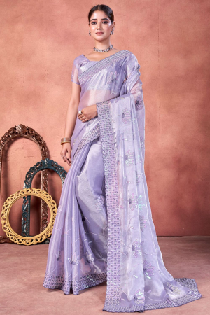 Lavender Embroidered Silk Saree for Party