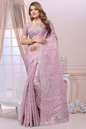 Lavender Heavy Resham Embroidered Party Wear Saree