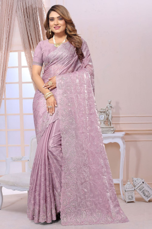 Lavender Heavy Resham Embroidered Party Wear Saree