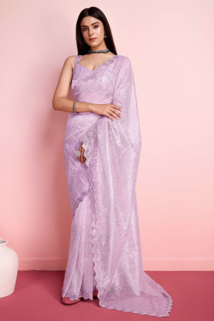 Lavender Net Embroidered Party Wear Saree