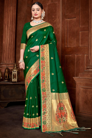 Leaf Green Paithani Silk Woven Saree