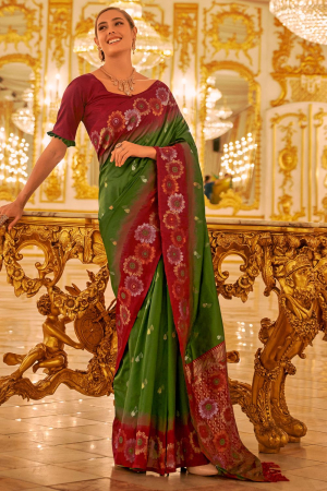 Leaf Green Woven Banarasi Silk Saree
