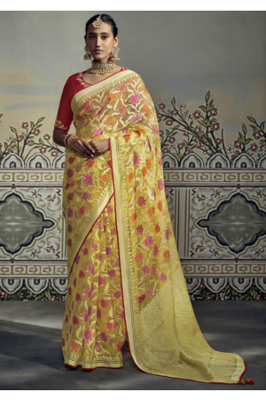 Lemon Yellow Brasso Saree with Embroidered Blouse