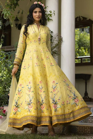 Lemon Yellow Dola Silk Anarkali Gown with Dupatta