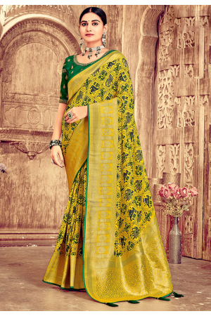 Lemon Yellow Dola Silk Saree with Embroidered Blouse