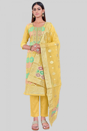 Lemon Yellow Embroidered Chanderi Silk Pant Kameez