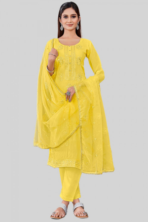 Lemon Yellow Embroidered Chanderi Silk Pant Kameez