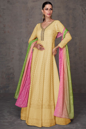 Lemon Yellow Embroidered Faux Georgette Anarkali Suit