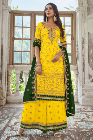 Lemon Yellow Embroidered Faux Georgette Palazzo Kameez