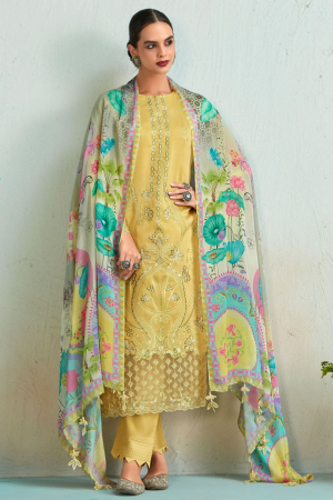 Lemon Yellow Embroidered Pure Muslin Plus Size Suit