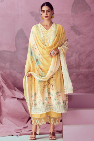 Lemon Yellow Embroidered Pure Muslin Plus Size Suit