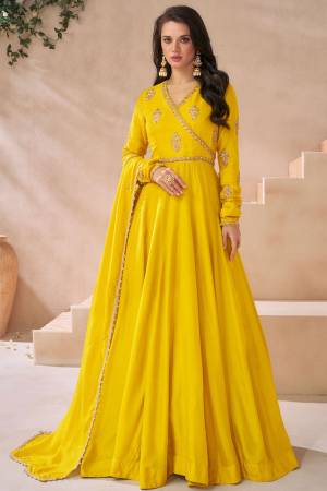 Lemon Yellow Embroidered Silk Anarkali Gown with Dupatta