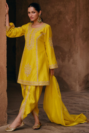 Lemon Yellow Embroidered Silk Designer Salwar Kameez