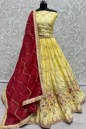 Lemon Yellow Embroidered Silk Lehenga Choli for Wedding