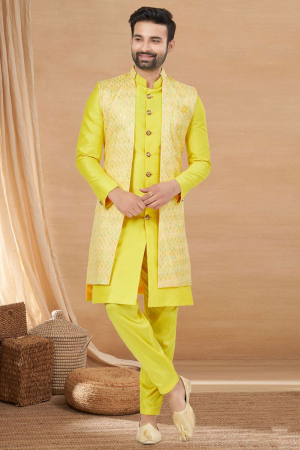 Lemon Yellow Heavy Art Silk Embroidered Indo Western Outfit