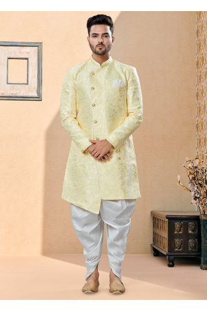 Lemon Yellow Jacquard Wedding Wear Sherwani
