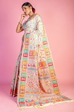 Lemon Yellow Kashmiri Pashmina Handloom Weaving Work Saree