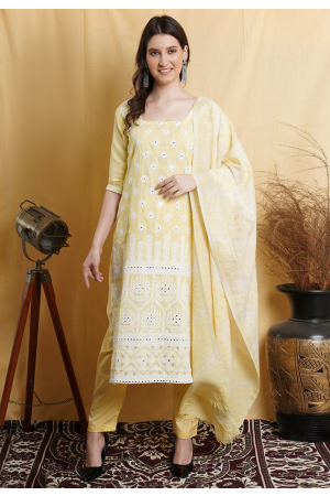 Lemon Yellow Lakhnavi Work Cotton Plus Size Suit