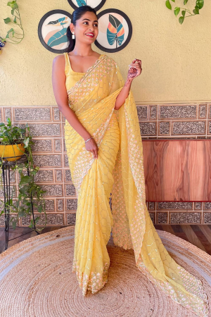 Lemon Yellow Sequined Georgette Saree for Party