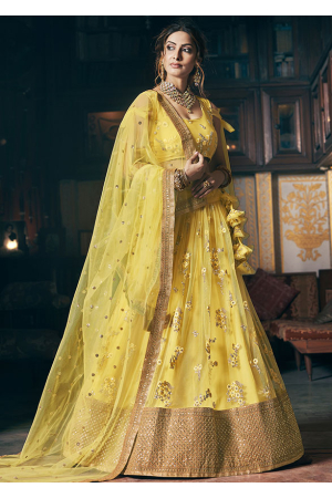 Lemon Yellow Sequined Net Designer Lehenga Choli