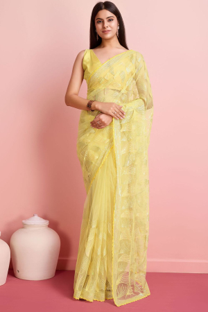 Lemon Yellow Sequins Embroidered Net Saree