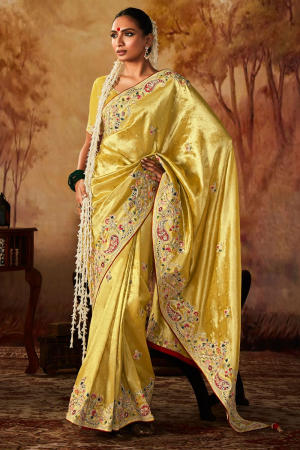 Lemon Yellow Silk Embroidered Saree