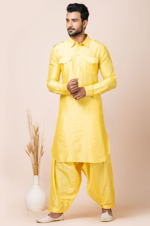 Lemon Yellow Silk Viscose Pathani Kurta Set