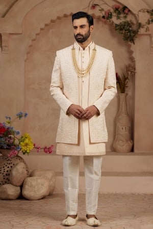 Light Beige Wedding Wear Indo Sherwani
