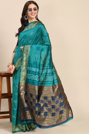 Light Blue Banarasi Cotton Weaving Silk Bandhani Printed Festival Wear Saree