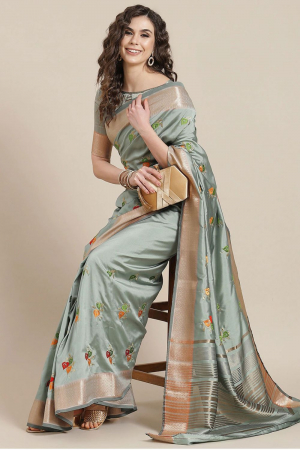 Light Blue Soft Cotton Silk Colourful Thread Embroidery Work Party Wear Saree