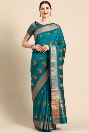 Light Blue Soft Cotton Silk Thread Floral Embroidery Work Party Wear Saree