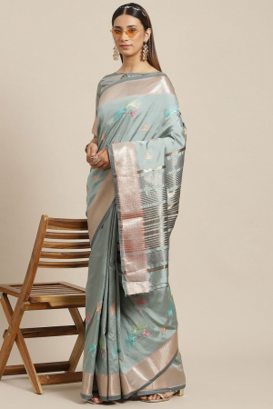 Light Blue Soft Cotton Silk With Colourful Thread Embroidery Work Party Wear Saree