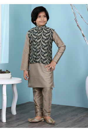 Light Brown Handloom Silk Kurta Pyjama Set with Jacket