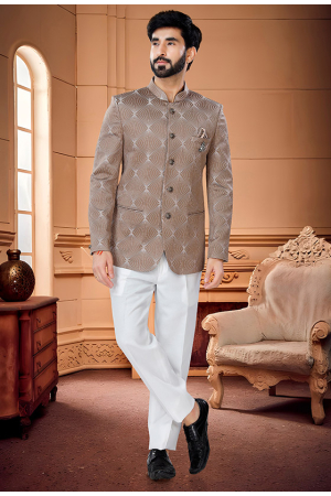 Light Brown Jacquard Jodhpuri Suit