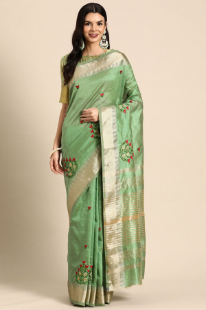 Light Green Assam Cotton Silk Thread  Embroidery Work Party Wear Saree