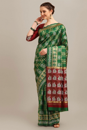 Light Green Banarasi Cotton Silk Patola Pattern Weaving Printed Party Wear Saree