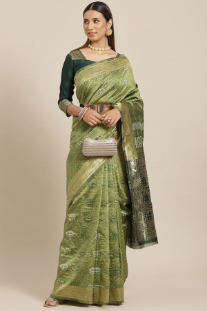 Light Green Banarasi Cotton Weaving Silk Bandhani Printed Festival Wear Saree