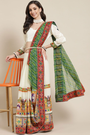 Light Green Georgette Bandhani Pallu Embroidery Work Festival Wear Saree