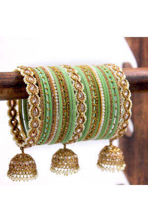 Light Green Pealrs and Stone Work Bangles with jhumki