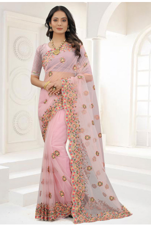 Light Pink Net Heavy Embroidered Saree