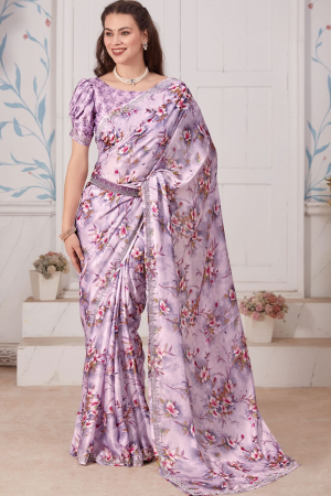 Lilac Embellished Pure Satin Georgette Saree