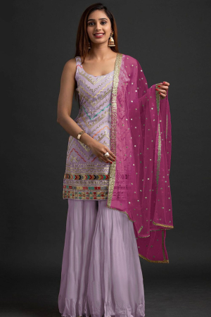 Lilac Embroidered Faux Georgette Sarara Kameez