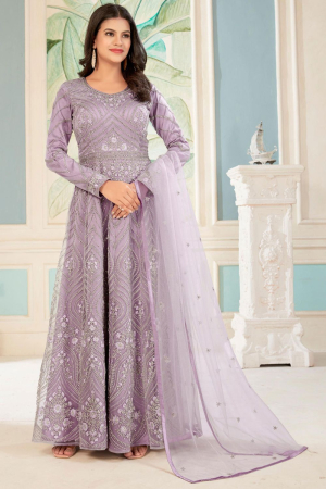 Lilac Embroidered Net Anarkali Dress
