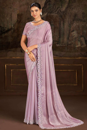 Lilac Embroidered Satin Silk Designer Saree
