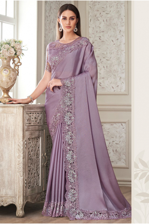 Lilac Embroidered Silk Designer Saree