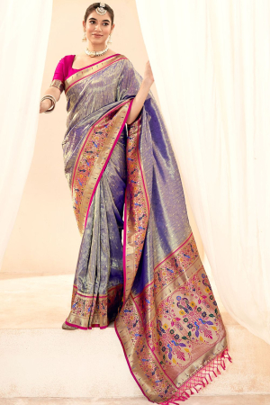 Lilac Handloom Paithani Tissue Silk Saree